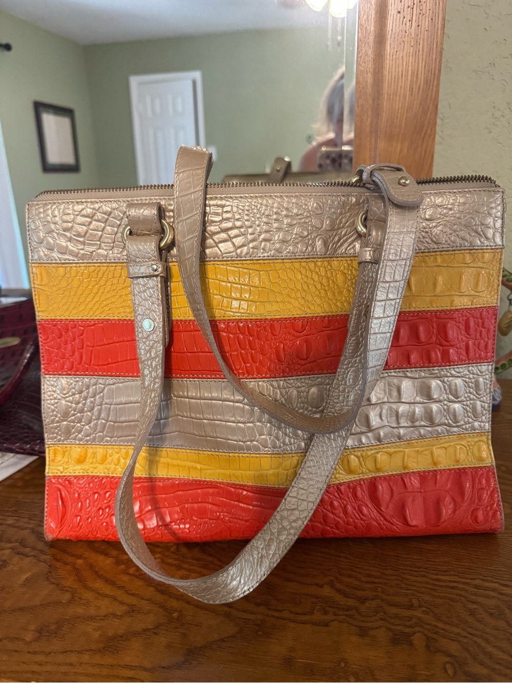 Brahmin Croc-Embossed Striped Bag in Red, Yellow & Taupe - Picture 8 of 11